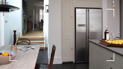 Neutral kitchen with large stainless steel American fridge freezer to support guidelines on what temperature should a fridge be