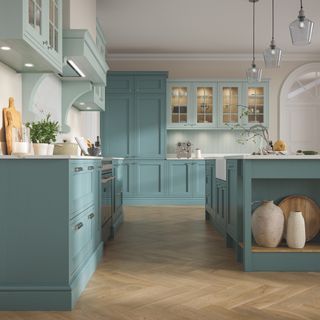 blue Shaker kitchen with island