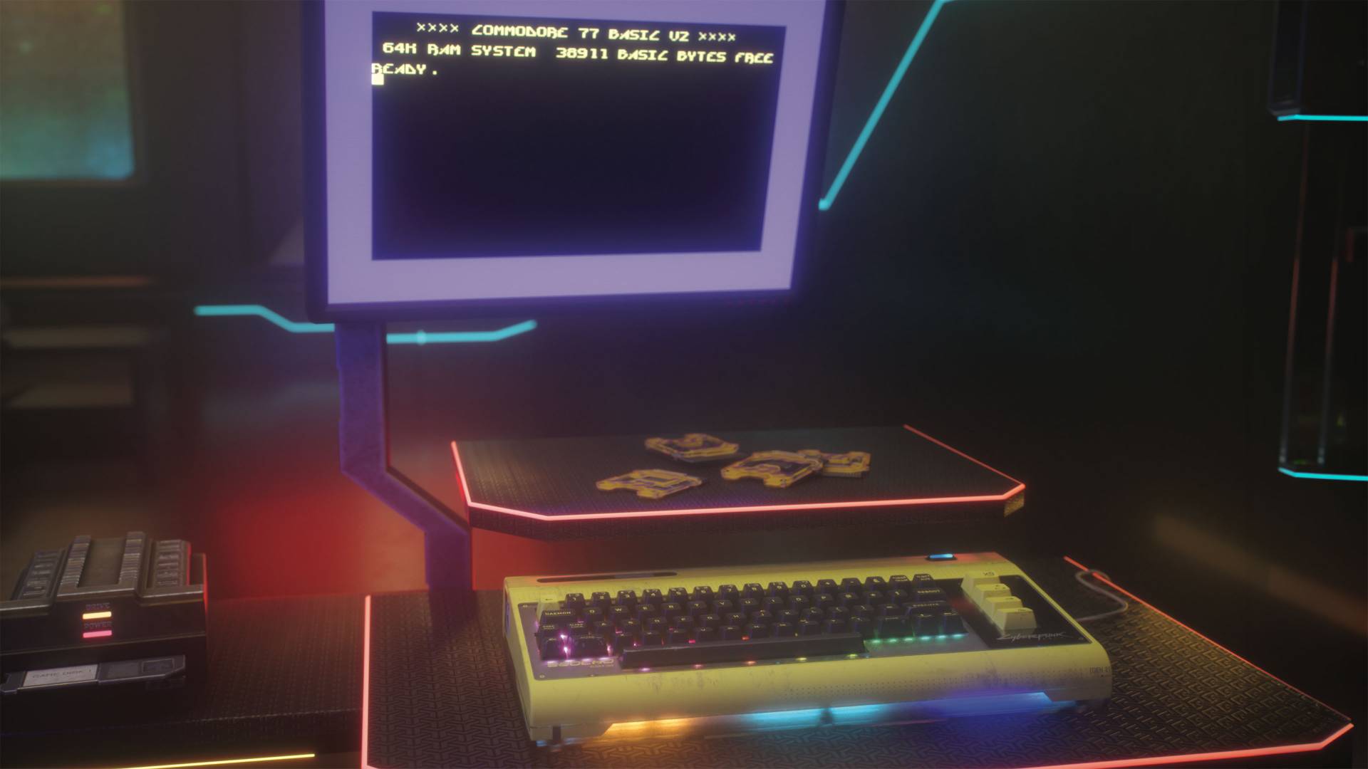 Commodore 77 connected to monitor with Cyberpunk 2077 themed BASIC screen.