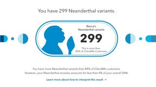 23andMe shows, with the help of colorful visuals, what percentage of Neanderthal variants we have in our DNA.