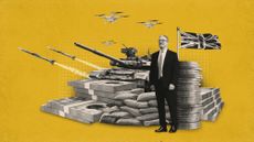 Photo composite illustration of Keir Starmer alongside piles of military equipment and money