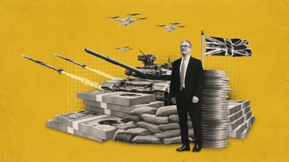 Photo composite illustration of Keir Starmer alongside piles of military equipment and money