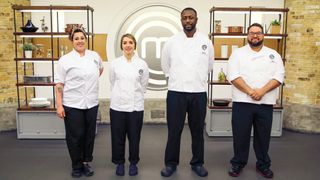 Ayesha, Cecily, Casrick, Simon in the MasterChef kitchen for MasterChef: The Professionals 2023