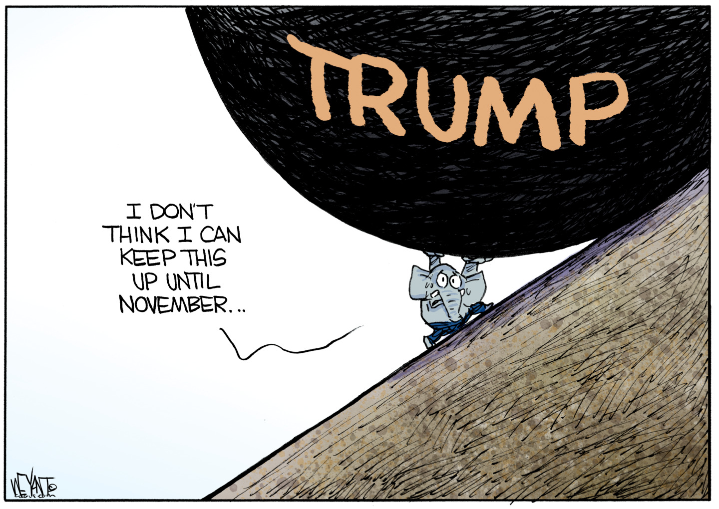 An elephant is on the side of a steep incline struggling to hold up a massive weight labeled &amp;ldquo;TRUMP&amp;rdquo;. The elephant says, &amp;ldquo;I don&amp;rsquo;t think I can keep this up until November&amp;hellip;&amp;rdquo;