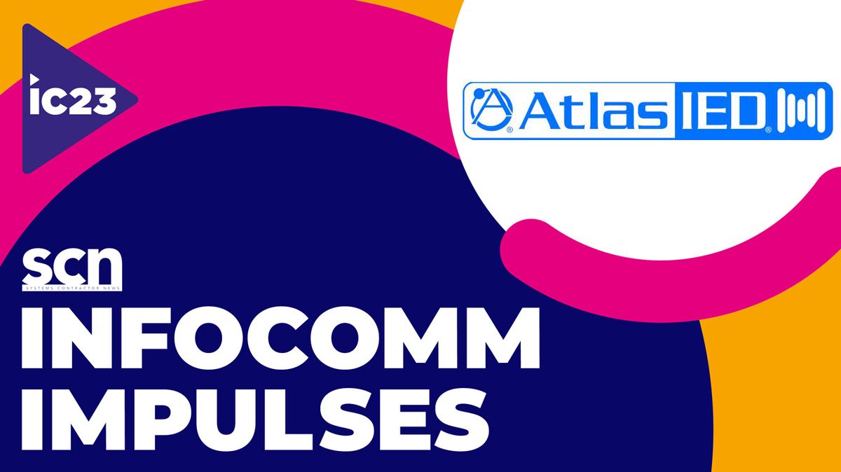 The AtlasIED logo over SCN&#039;s InfoComm Impulses 2023 logo.