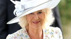 Queen Camilla smiles as she attends day one of Royal Ascot 2026 at Ascot Racecourse on June 16, 2026