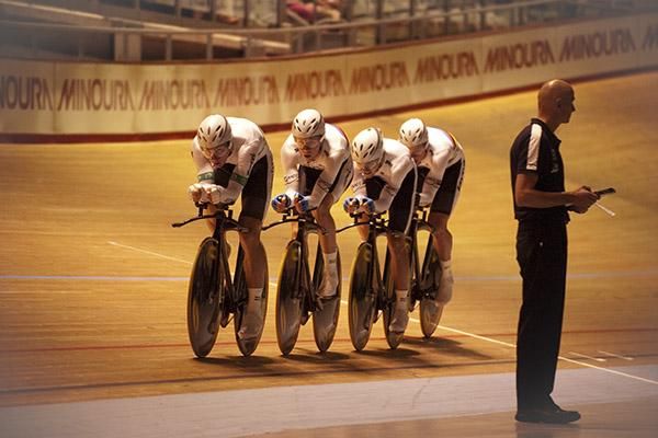 The Australian team in action during the qualifying round of the men's teams pursuit.