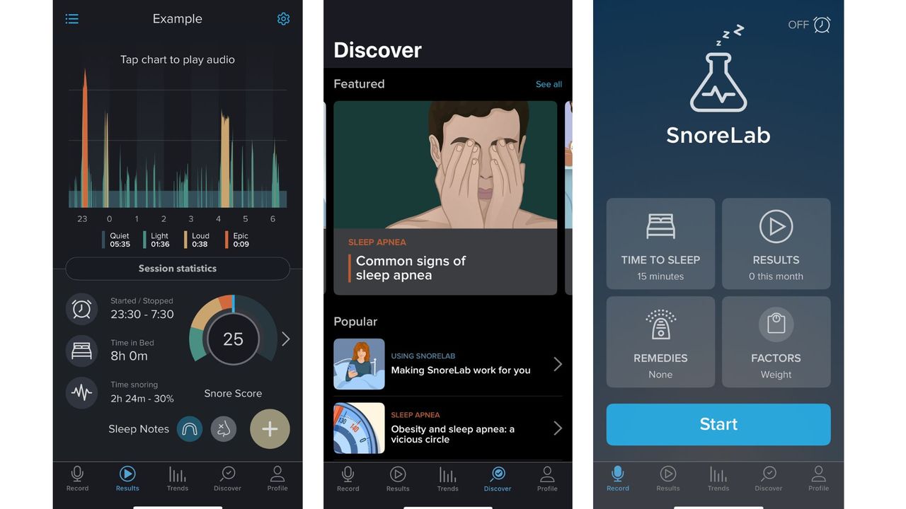 Screenshots from the SnoreLab sleep app, including aids and tracking data