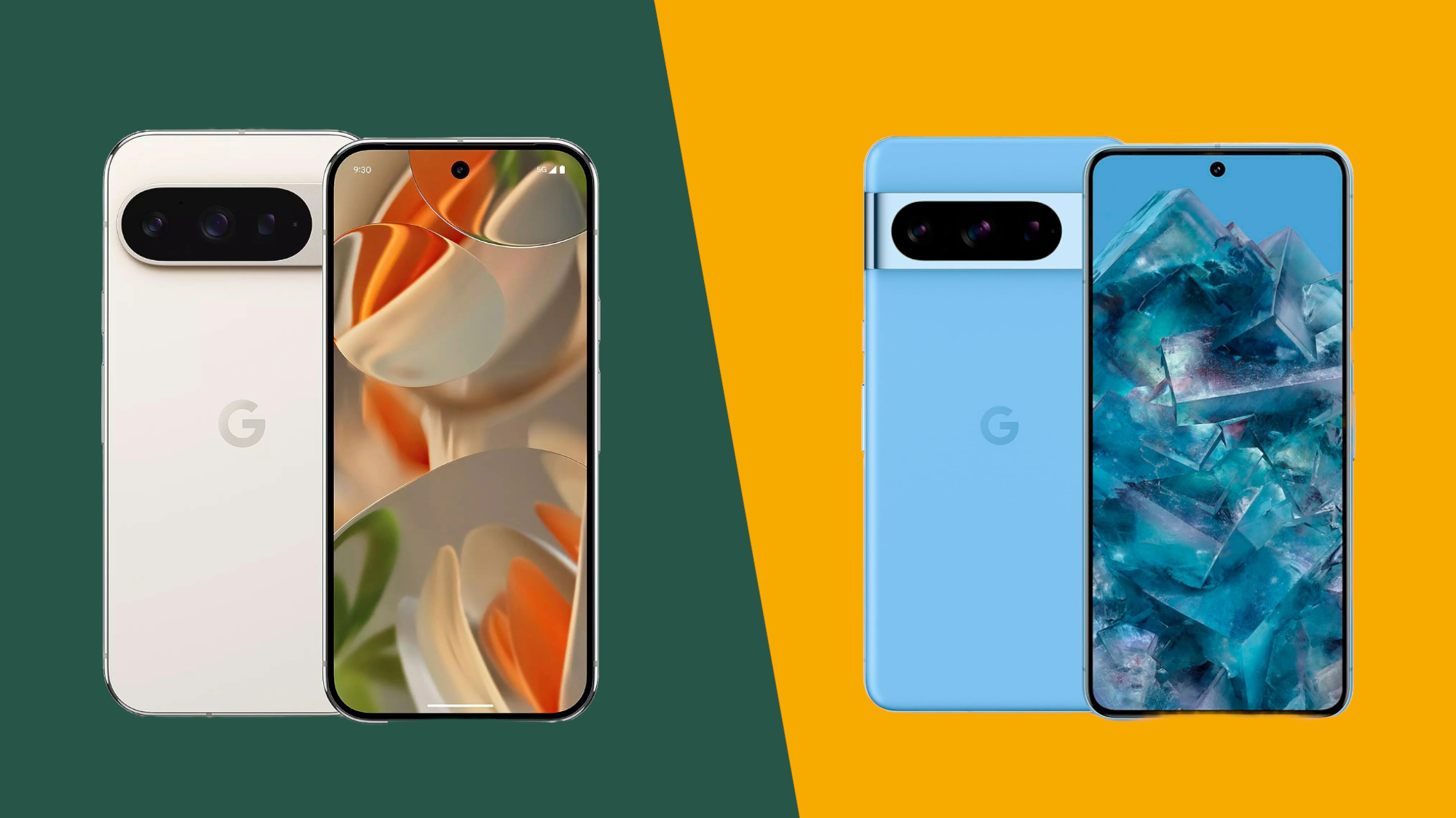 Side-by-side image of the Google Pixel 9 Pro and Google Pixel 8 Pro