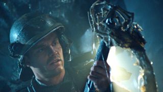 Scene from the movie Aliens. A Colonial Marine has speared an alien 'facehugger' with his weapon.