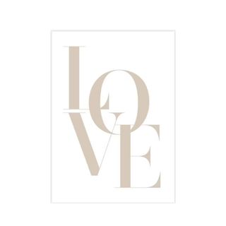 A wall art print that says 'love' in dark beige letters