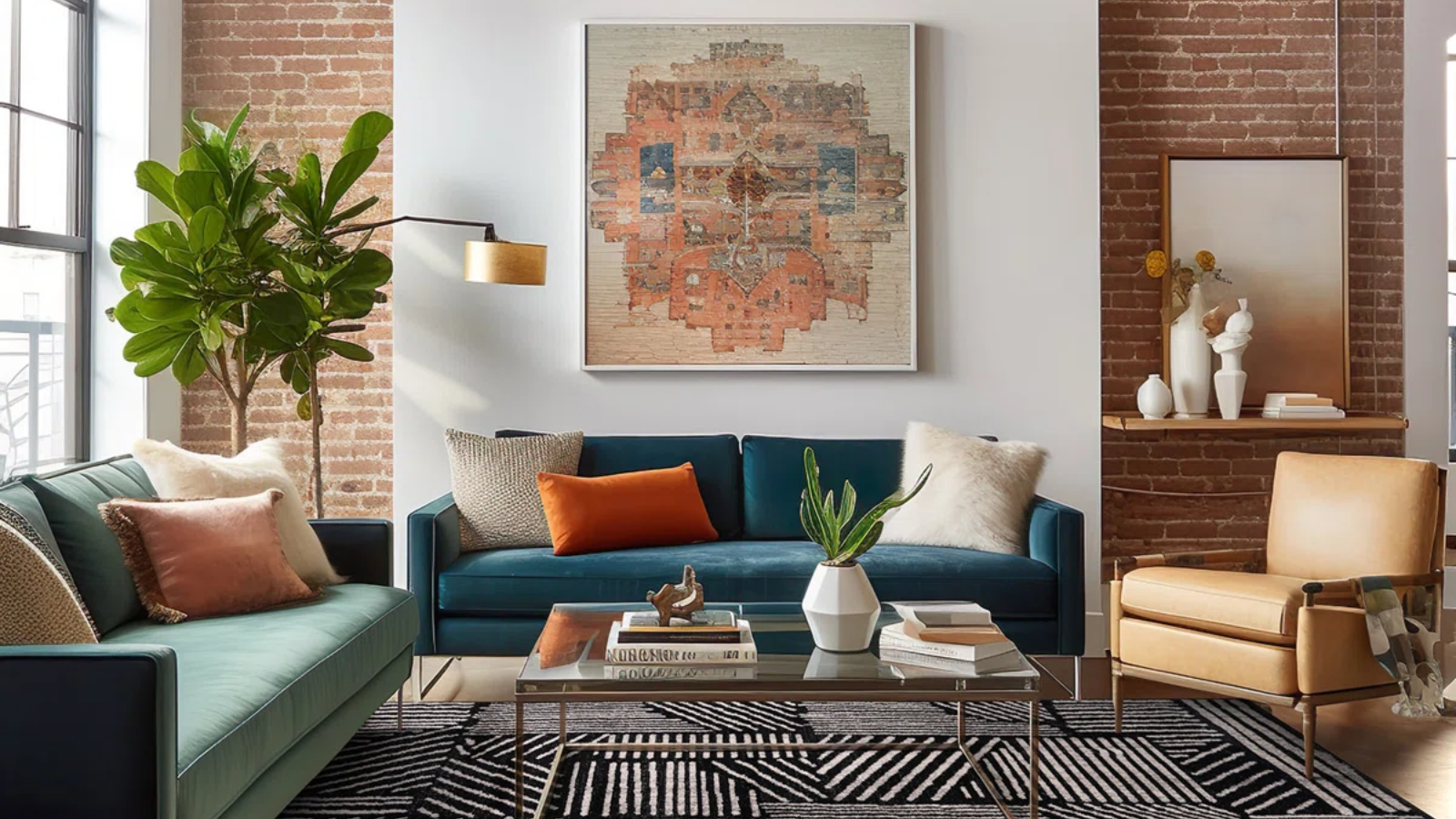 a living room with a large green couch, a blue couch, a tan accent chair, a coffee table with decor on top, and a black and white striped rug