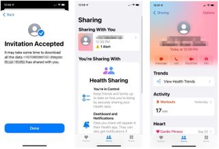 To view data shared by someone else, tap Turn On so the Health app will send updates about the person. Choose Done. Select the Shared tab to see the shared data.