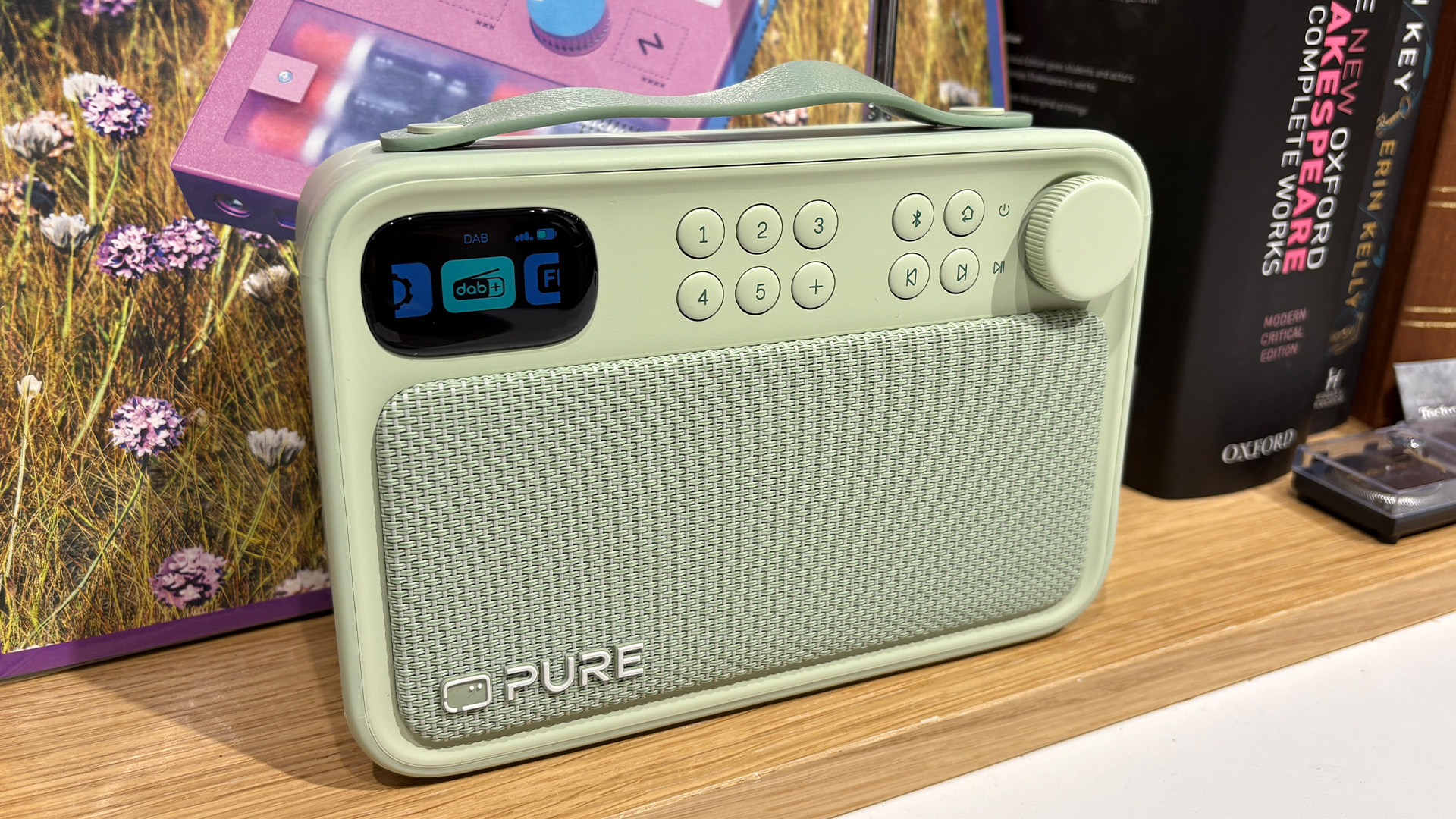 Pure Bloom DAB radio on busy bookshelf