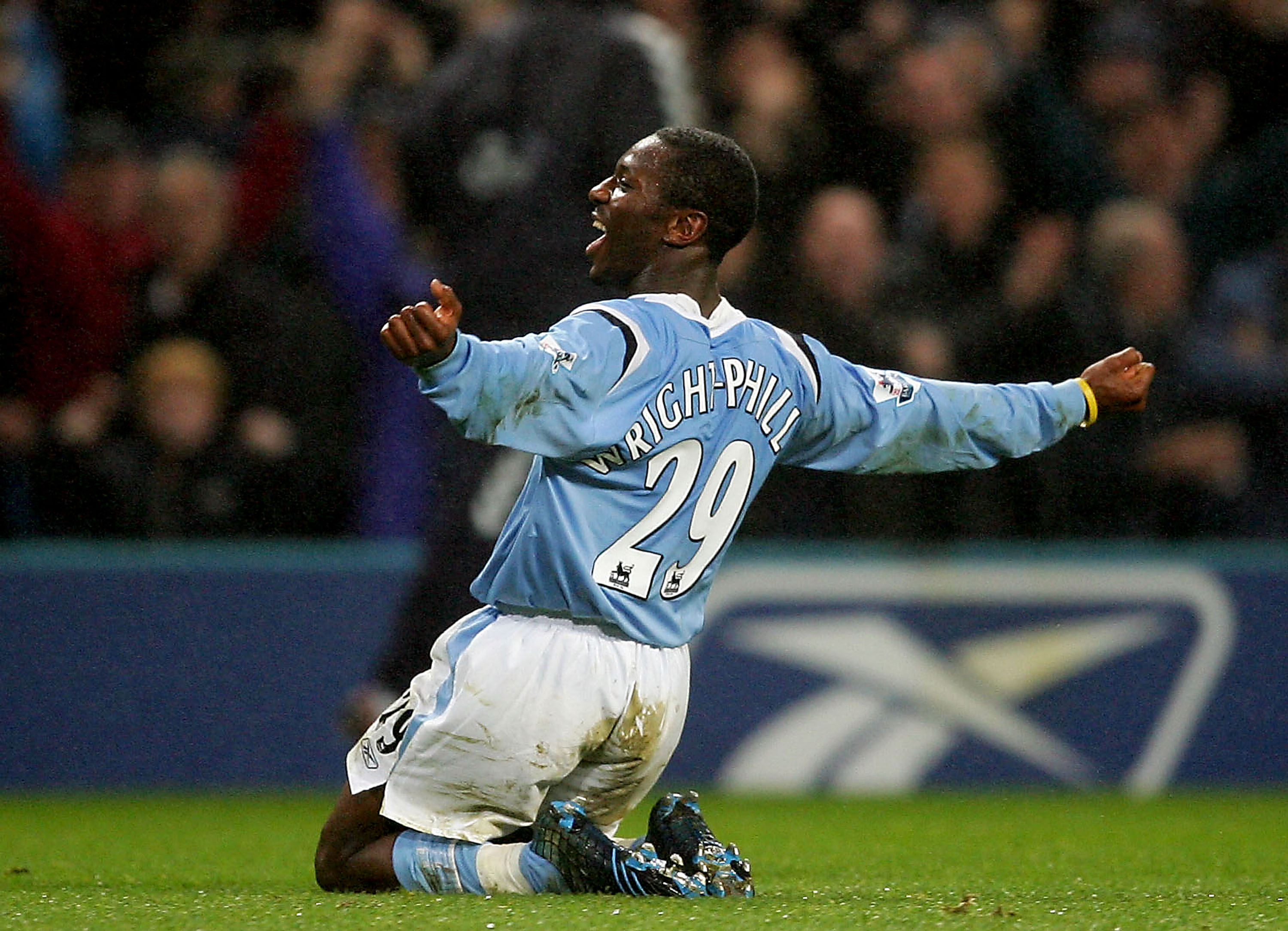 Shaun Wright-Phillips celebrates a goal for Manchester City against Aston Villa in November 2004.