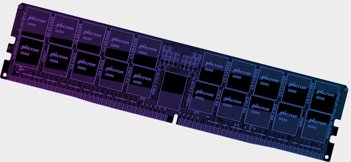 Micron DDR5 modules on a stick of RAM with blue PCB (render)