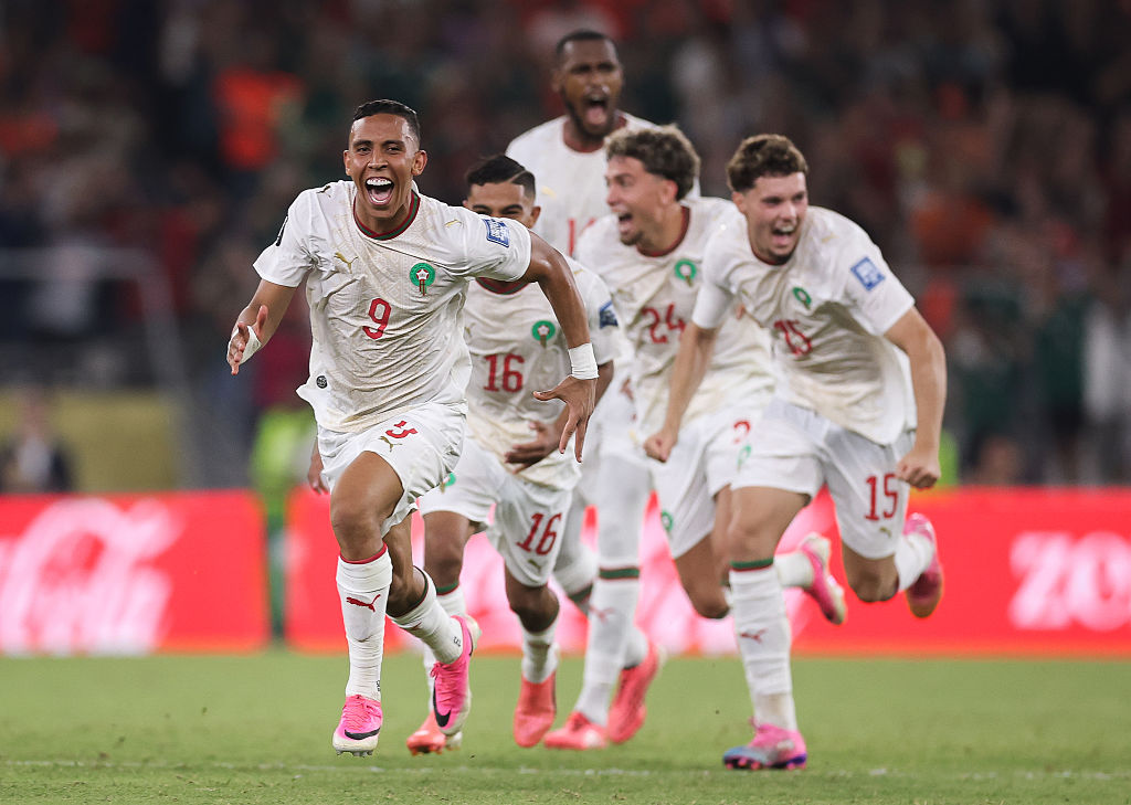 Morocco celebrate their penalty shootout victory over the Netherlands