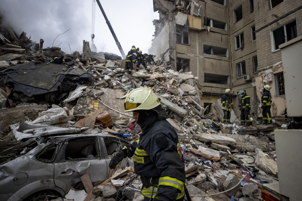 The rubble of a Ukrainian apartment building after a Russian missile strike. 