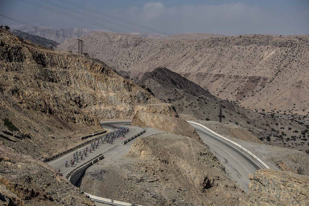 The barren landscape with the tarmac roads carved out of the mountainside guide the peleton down the descent into Quiriyat for stage 3's penultimate climb.