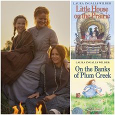 a collage of a still from netflix's little house on the prairie series featuring a mom and daughters by a campfire and covers from the little house book series
