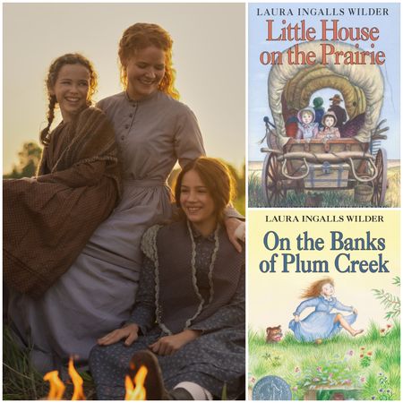 a collage of a still from netflix's little house on the prairie series featuring a mom and daughters by a campfire and covers from the little house book series