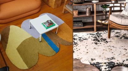 Colorful irregular shaped Urban Outfitters rug on the left with a white coffee table and orange sofa, on the right a faux cowhide rug on wooden floor
