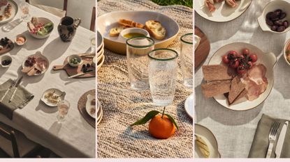 three images of the M&S Picky Bits Collection on a table and picnic blanket