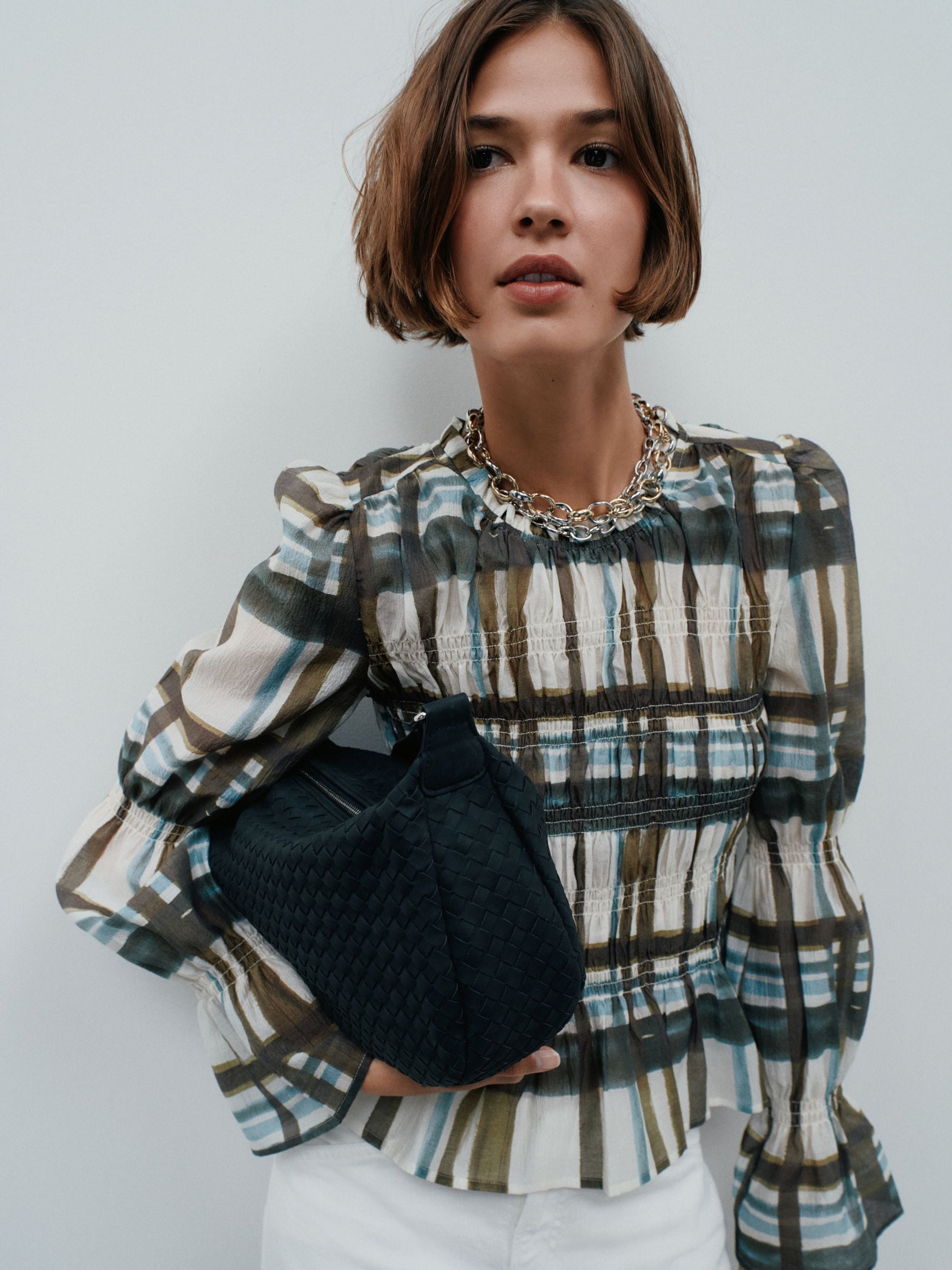 Khaki/cream Check Sheer Smocked Long Sleeve Top