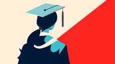 An illustrated profile of a female graduate wearing a graduation cap, captured against a contrasting cream and red background