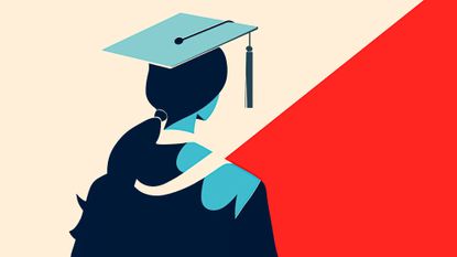 An illustrated profile of a female graduate wearing a graduation cap, captured against a contrasting cream and red background