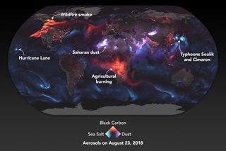 This colorful NASA map of the Earth is map of smoke, dust and other aerosols across the planet. NASA created the visualization using data from satellites orbiting the Earth and ground-based sensors, then added false colors to denote types of aerosols displayed.
