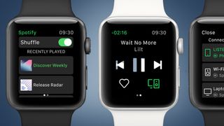 Three Apple Watches on a blue background showing the Spotify app