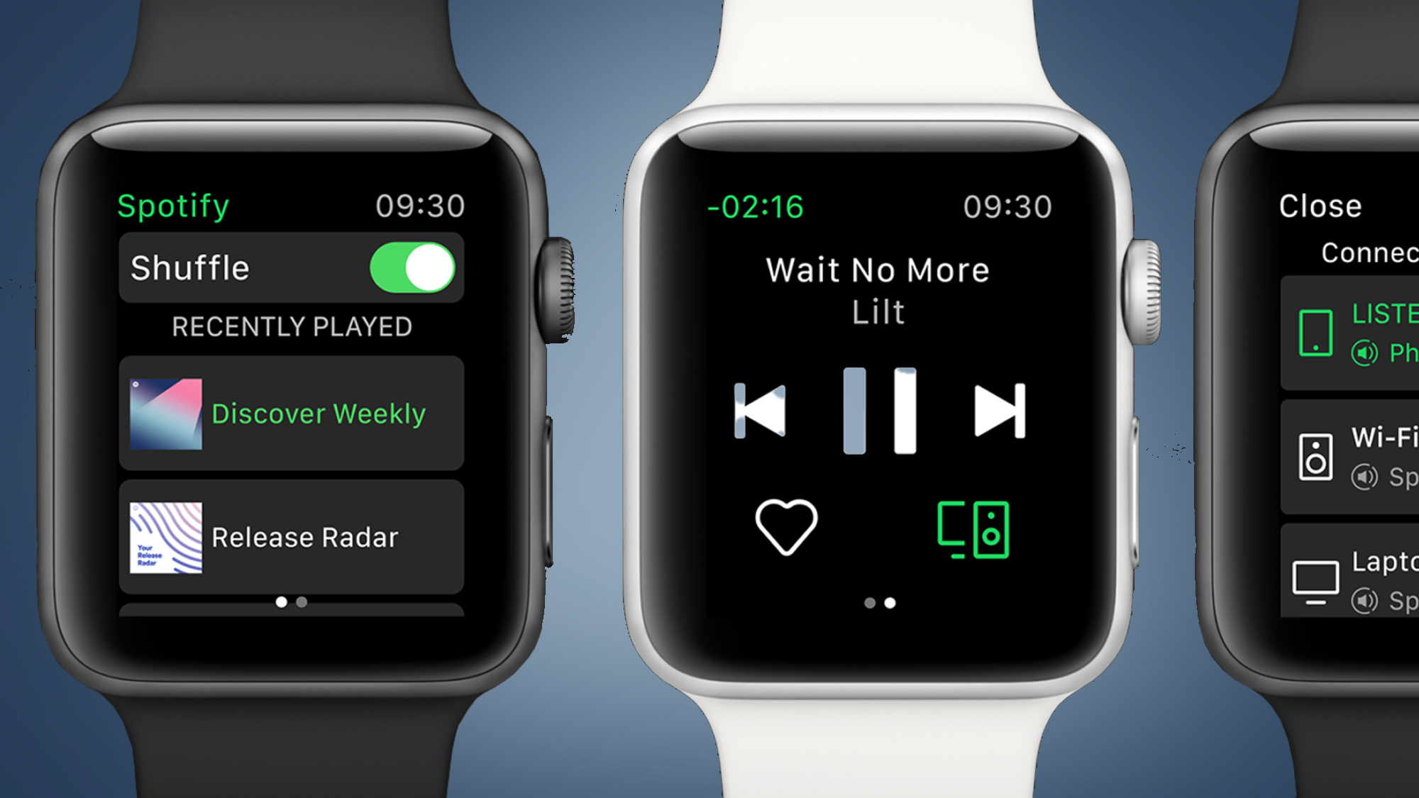 Three Apple Watches on a blue background showing the Spotify app