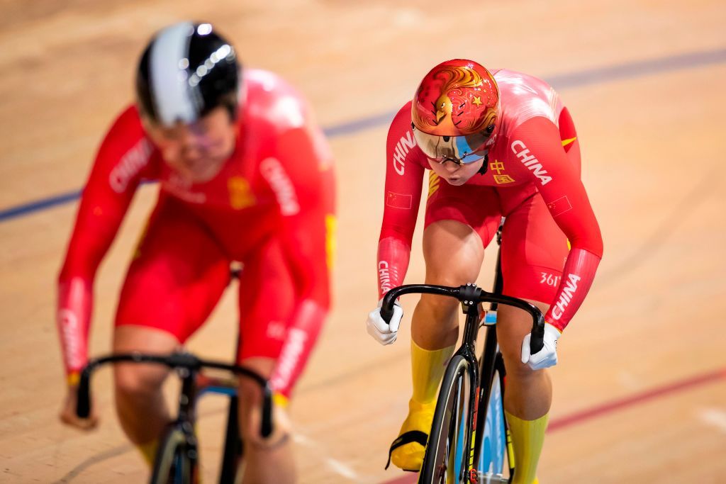 Team Chinas Tianshi Zhong and Feifei Chen compete in the Womens Team sprint qualifying at the UCI track cycling World Championship in Berlin on February 26 2020 Photo by Odd ANDERSEN AFP Photo by ODD ANDERSENAFP via Getty Images