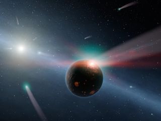 This artist's conception illustrates a storm of comets around a star near our own, called Eta Corvi. Evidence for this barrage comes from NASA's Spitzer Space Telescope, whose infrared detectors picked up indications that one or more comets was recently t