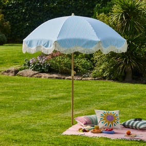 Riviera Blue Striped Beach Parasol With Fringe