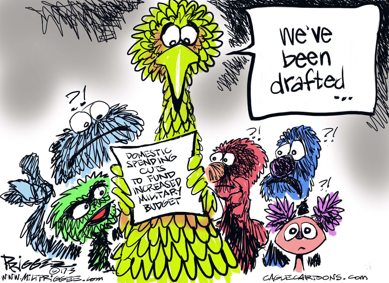 Political Cartoon U.S. Sesame Street Trump budget cuts Military Spending PBS Draft