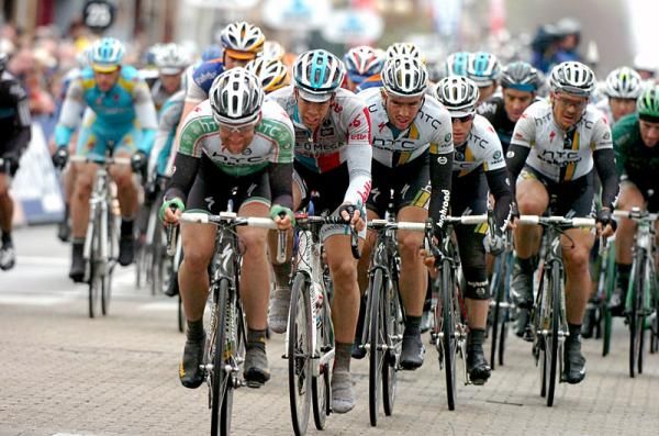 Irish champion Matthew Brammeier (HTC-Highroad) at the head of the peloton.