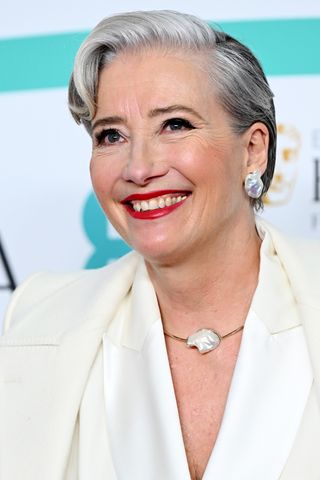 Emma Thompson is pictured with grey hair whilst attending event at the EE BAFTA Film Awards 2023 at The Royal Festival Hall on February 19, 2023 in London, England.