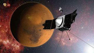 This artist concept image shows NASA's Mars Atmosphere and Volatile EvolutioN (MAVEN) spacecraft in orbit around Mars to study the planet's atmosphere like never before. The MAVEN spacecraft arrived at Mars on Sept. 21, 2014 after a 10-month journey that crossed 442 million miles (711 million kilometers).