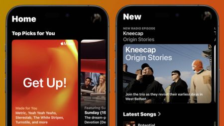 Two iPhones showing the Apple Music home page and new music page