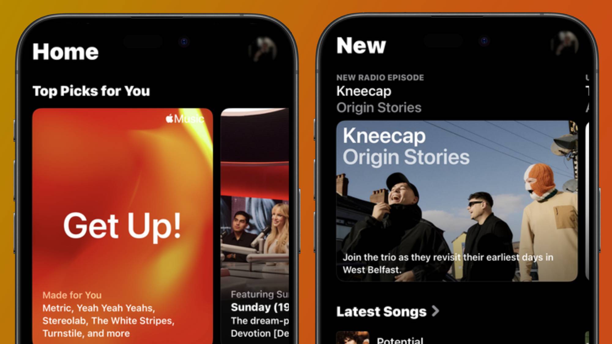 Two iPhones showing the Apple Music home page and new music page