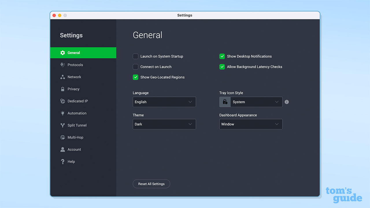 PIA&#039;s settings showing general settings