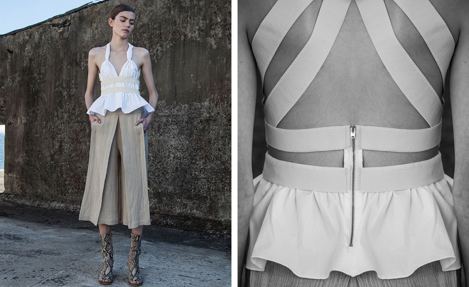 The brand's designs maintain signature features such as cut-out panels exposing bare skin and razor-sharp tailoring