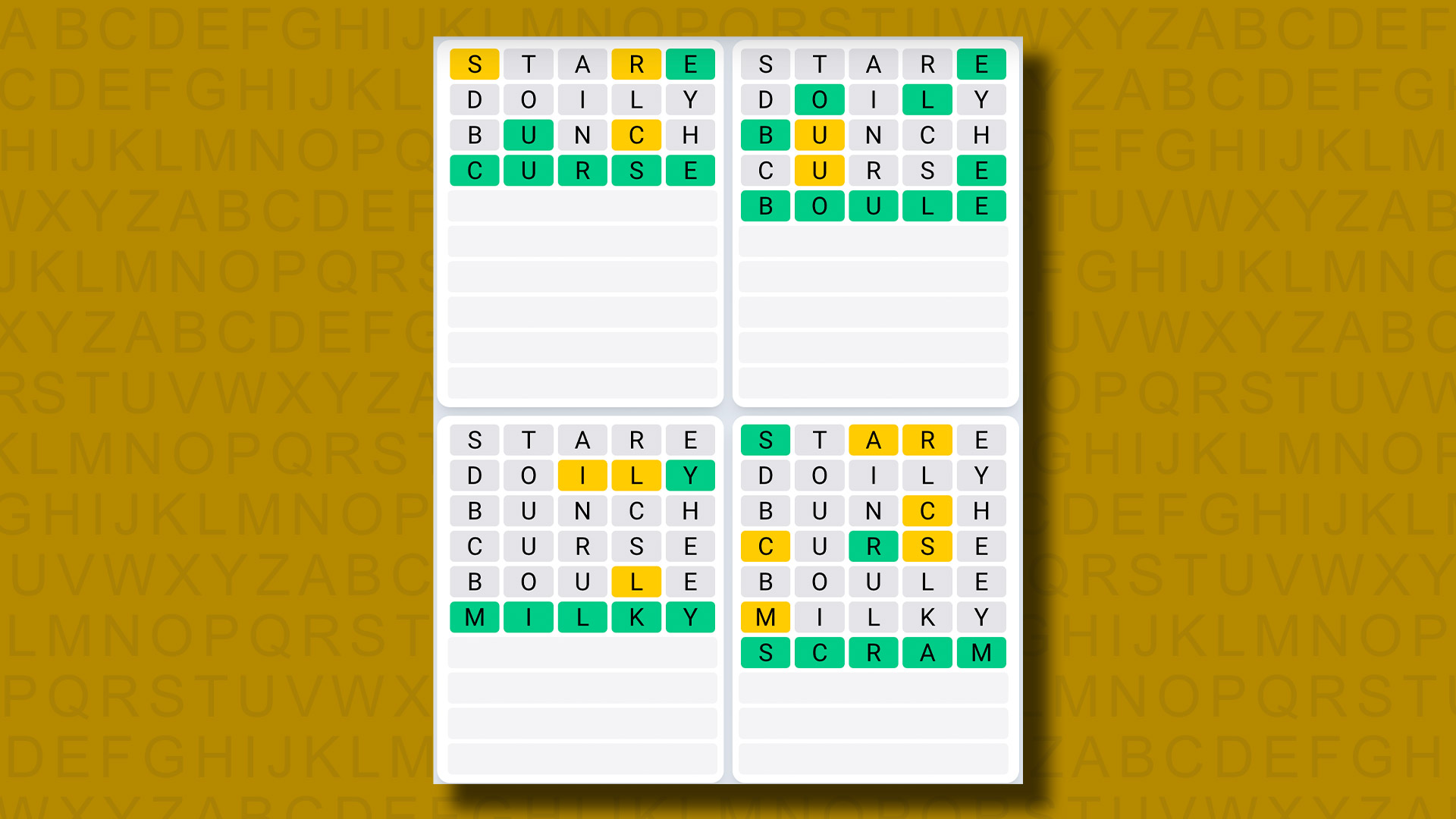 Quordle Daily Sequence answers for game 1040 on a yellow background