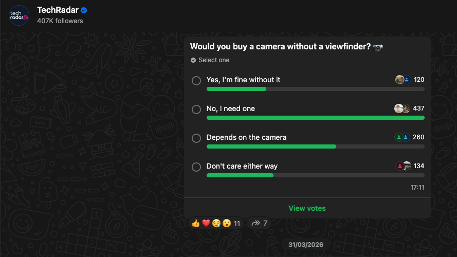 A post on the TechRadar WhatsApp channel, asking readers if they would buy a camera without a viewfinder, and the voting