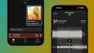 Screenshots of Spotify's new Mix function and Messages feature side-by-side 