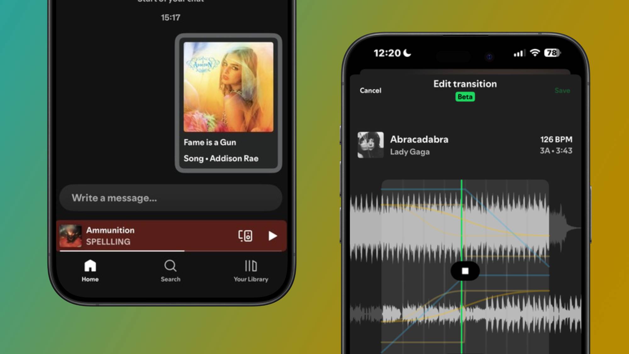 Screenshots of Spotify&#039;s new Mix function and Messages feature side-by-side 