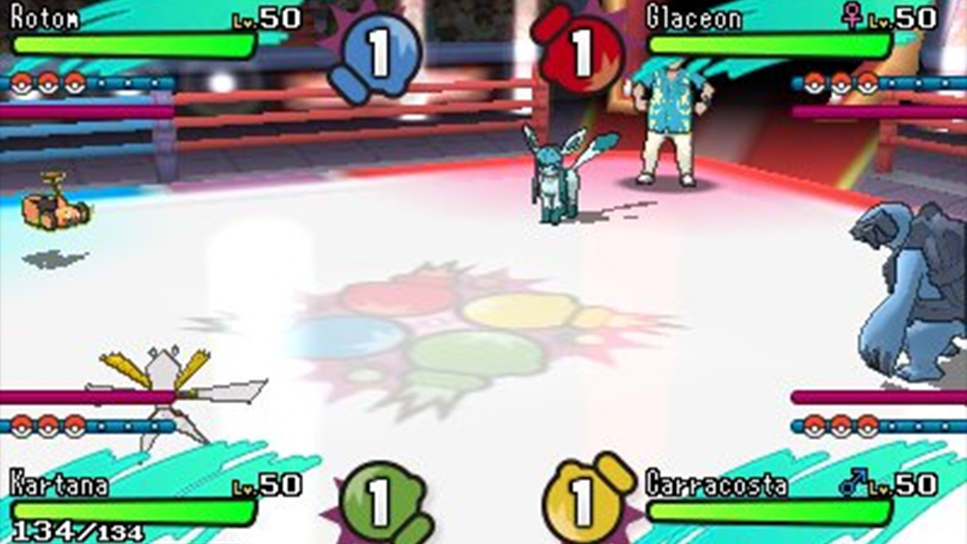 A battle royal in Pokemon Sun &amp;amp; Moon between Rotom, Glaceon, Carracosta, and Kartana