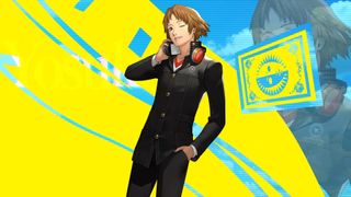Official art for Yosuke Hanamura in Persona 4 Revival shows a teenager with short brown hair wearing headphones, winking.